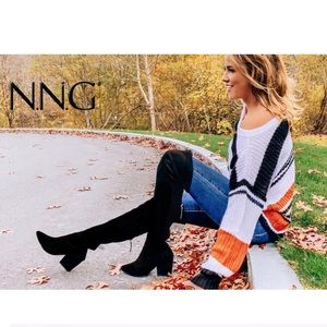 Over the Knee Long Black Suede Square Heeled Boots